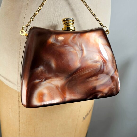 Vintage Brown Marbled Acrylic Box Clutch with Gold Chain Strap - Picture 12 of 16